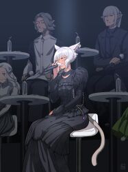 Rule 34 | absurdres, animal ears, archon mark, black dress, blue eyes, cat ears, cat tail, closed eyes, commentary, dark-skinned female, dark skin, dress, earrings, elezen, elf, estinien varlineau, facial mark, final fantasy, final fantasy xiv, grey eyes, grey hair, highres, hjz (artemi), holding, holding microphone, jewelry, microphone, miqo&#039;te, photo-referenced, pointy ears, short hair, sitting, tail, urianger augurelt, venat (ff14), voice actor connection, whisker markings, white hair, y&#039;shtola rhul