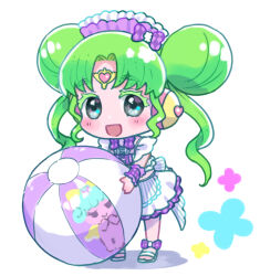 Rule 34 | 1girl, :d, ball, beachball, chibi, colored eyelashes, commentary request, double bun, falulu, falulu (awakened), forehead jewel, frilled skirt, frills, full body, green hair, grey eyes, hair bun, headphones, holding, holding ball, holding beachball, jinno (jin c kkry), long hair, looking at viewer, maid, maid headdress, open mouth, parted bangs, pretty series, pripara, sandals, sidelocks, simple background, skirt, smile, solo, standing, summer maid coord, twintails, unconventional maid, unicorn (pripara), white background