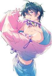 Rule 34 | 1boy, ahoge, blue eyes, buttons, circus66, collarbone, cowboy shot, dated, ensemble stars!, fingernails, green hair, hair between eyes, heterochromia, jacket, jewelry, kagehira mika, long sleeves, looking at viewer, male focus, midriff, navel, necklace, short hair, smile, solo, teeth, white background, yellow background