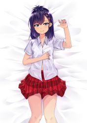 Rule 34 | 1girl, absurdres, arm at side, artist request, bed sheet, blush, collarbone, cowboy shot, gabriel dropout, hair ornament, highres, parted bangs, partially unbuttoned, pleated skirt, purple eyes, purple hair, red skirt, shirt, skirt, smile, solo, thighs, topknot, vignette tsukinose april, white shirt, x hair ornament