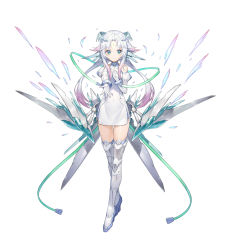 Rule 34 | 1girl, bare shoulders, boots, bracelet, commentary request, dress, facial mark, forehead mark, full body, gradient hair, green eyes, highres, jewelry, long hair, looking at viewer, mecha musume, mechanical ears, multicolored hair, mytea (soso), necklace, original, pink hair, reaching, reaching towards viewer, smile, solo, thigh boots, thighhighs, two-tone hair, white background, white dress, white hair