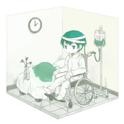 Rule 34 | 1boy, aojiru (yume 2kki), bad id, bad pixiv id, bandages, barefoot, bed, blood, colored blood, expressionless, full body, green blood, green eyes, hospital bed, indoors, isometric, lito (24281122), looking at viewer, male focus, pajamas, room, sitting, solo, wheelchair, yume 2kki