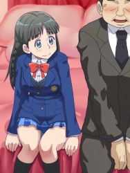 Rule 34 | 1boy, 1girl, awa, bed, blue eyes, blush, braid, breasts, closed mouth, formal, long hair, necktie, ojou (galko), old, old man, open mouth, oshiete! galko-chan, school uniform, skirt, smile, suit, tearing up