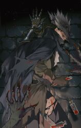 Rule 34 | 1girl, against wall, arm up, belt, black mask, black pants, blood, blood vial, bloodborne, brick wall, brown belt, brown gloves, brown hair, cape, claws, from behind, gloves, hat, highres, holding vial, hunter (bloodborne), mask, monster, mouth mask, pants, ponytail, revision, solo focus, torn cape, torn clothes, torn coat, torn hat, tricorne, yujia0412