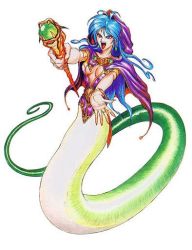 Rule 34 | 1girl, blue hair, breasts, breath of fire, deis, lamia, large breasts, monster girl, scales, solo