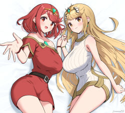 Rule 34 | breasts, gonzarez, highres, large breasts, multiple girls, mythra (xenoblade), pyra (xenoblade), red eyes, red hair, simple background, white background, xenoblade chronicles (series), xenoblade chronicles 2, xenoblade chronicles 3