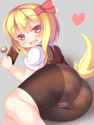 Rule 34 | 1girl, ass, bad id, bad pixiv id, bike shorts, blonde hair, candy, chocolate, dog tail, dragoner, dragoneropen mfang, fang, food, gradient background, hair ribbon, heart, lollipop, no pants, open mouth, panties, panties under bike shorts, red eyes, ribbon, rumia, see-through, shirt, smile, solo, striped clothes, striped panties, tail, touhou, underwear, vest