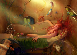 Rule 34 | 1girl, bathtub, bird, bug, butterfly, curly hair, emilia paw, fish, flower, highres, insect, long hair, lotus, md5 mismatch, nude, orange hair, original, rabbit, resized, resolution mismatch, source smaller, surreal, upscaled, watermark