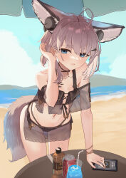 Rule 34 | 1girl, absurdres, adjusting hair, ahoge, animal ear fluff, animal ears, arknights, beach, bikini, extra ears, fox ears, fox girl, fox tail, hair ornament, hairclip, headphones for animal ears, headphones on animal ears, highres, leaning forward, material growth, off-shoulder bikini, off shoulder, official alternate costume, oripathy lesion (arknights), pink hair, see-through, short twintails, sussurro (arknights), sussurro (summer flower) (arknights), suzubotan, swimsuit, tail, twintails