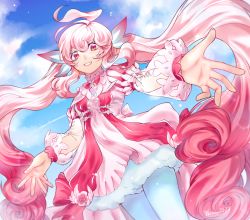Rule 34 | 1girl, ahoge, back bow, blue pantyhose, bow, cloud, cowboy shot, day, dress, elsword, flower, hair ornament, laby (elsword), long hair, nomae.jie, outstretched hand, pantyhose, petticoat, pink dress, pink eyes, pink hair, radiant soul (elsword), sidelocks, sky, smile, solo, twintails, white bow