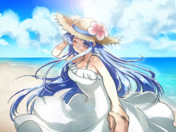 Rule 34 | 1girl, bare shoulders, beach, blue hair, breasts, chidori kaname, cleavage, cloud, cloudy sky, cowboy shot, day, dress, closed eyes, flower, fukurou (hukirou), full metal panic!, holding hands, hat, hat flower, long hair, looking at viewer, medium breasts, ocean, pov, pov hands, sky, sleeveless, smile, solo focus, straw hat, sun, white dress
