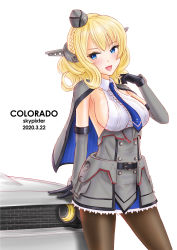 Rule 34 | 1girl, absurdres, artist name, black gloves, black pantyhose, blonde hair, blouse, blue eyes, blue necktie, braid, breasts, capelet, car, character name, colorado (kancolle), commentary request, cowboy shot, dated, dodge (company), dodge challenger, dodge challenger (3rd generation), dress, elbow gloves, garrison cap, gloves, grey dress, grey hat, hat, headgear, highres, kantai collection, large breasts, motor vehicle, necktie, pantyhose, pleated dress, shirt, short hair, side braid, side braids, sideboob, single braid, skypixter, sleeveless, solo, white background, white shirt