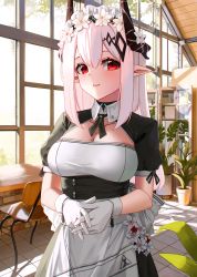 Rule 34 | 1girl, alternate costume, apron, arknights, black dress, blush, breasts, chair, cleavage, cowboy shot, day, dress, enmaided, eyebrows hidden by hair, flower, flower wreath, frills, gloves, hair flower, hair ornament, head wreath, highres, horns, indoors, kasasasagi, large breasts, long hair, looking at viewer, maid, maid headdress, mudrock (arknights), own hands together, parted lips, plant, pointy ears, potted plant, red eyes, short sleeves, silver hair, smile, solo, sunlight, table, tile floor, tiles, underbust, waist apron, white apron, white flower, white gloves, window