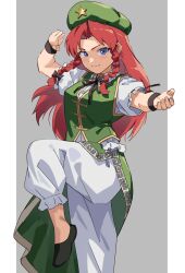 Rule 34 | 1girl, absurdres, asuka shirou, blue eyes, commentary, green headwear, green skirt, green vest, grey background, highres, hong meiling, pants, red hair, shirt, sketch, skirt, smile, solo, star (symbol), touhou, vest, white pants, white shirt