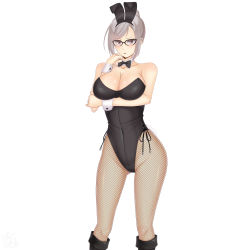 Rule 34 | 1girl, absurdres, animal ears, black bow, black bowtie, black footwear, black leotard, boots, bow, bowtie, breasts, brown eyes, cleavage, commentary request, cowboy shot, detached collar, fake animal ears, fishnet pantyhose, fishnets, glasses, hair bun, highres, large breasts, leotard, long hair, looking at viewer, pantyhose, playboy bunny, prison school, rabbit ears, rabbit tail, sainohikari, shiraki meiko, short hair, silver hair, simple background, single hair bun, solo, standing, strapless, strapless leotard, tail, white background, wrist cuffs