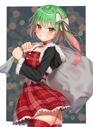 Rule 34 | 1girl, bow, breasts, brown eyes, cowboy shot, dress, from side, fur trim, gradient hair, green hair, grin, hair bow, highres, large breasts, long hair, looking at viewer, multicolored hair, original, outside border, plaid, plaid dress, plaid legwear, red dress, red thighhighs, reinama, sack, santa costume, side ponytail, smile, solo, teeth, thighhighs, thighs, tsurime