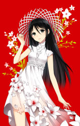 Rule 34 | 1girl, bad id, black eyes, black hair, breasts, dress, floral print, flower, hat, long hair, nardack, original, red background, see-through, simple background, small breasts, solo, standing, white hat
