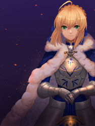 Rule 34 | 1girl, ahoge, armor, armored dress, artoria pendragon (all), artoria pendragon (fate), blonde hair, blue background, blue cape, blue ribbon, cape, cowboy shot, excalibur (fate/stay night), fate/stay night, fate (series), fur trim, gauntlets, green eyes, hair between eyes, hair ribbon, hands on own hips, highres, kuwahara taiki, looking at viewer, ribbon, saber (fate), short hair with long locks, sidelocks, smile, solo, standing