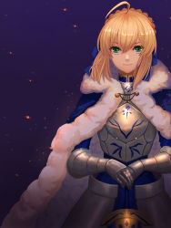 1girl ahoge armor armored_dress artoria_pendragon_(fate) blonde_hair blue_background blue_cape blue_ribbon cape cowboy_shot excalibur_(fate/stay_night) fate/stay_night fate_(series) female_focus fur_trim gauntlets green_eyes hair_between_eyes hair_ribbon hands_on_own_hips highres kuwahara_taiki looking_at_viewer ribbon saber_(fate) short_hair_with_long_locks sidelocks smile solo standing