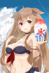 Rule 34 | 1girl, absurdres, bikini, blush, breasts, cleavage, cloud, contrail, day, dot nose, drinking straw, food, hair between eyes, hair flaps, hair ornament, hair ribbon, hairclip, heterochromia, highres, holding, holding drinking straw, kantai collection, light brown hair, long hair, medium breasts, murasame (kancolle), navel, neve (morris-minicooper), open mouth, outdoors, ribbon, sailor bikini, sailor collar, shaved ice, signature, sky, solo, swimsuit, twintails