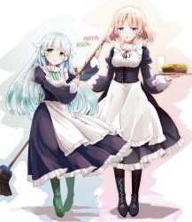 Rule 34 | 2girls, :o, apron, arm up, black dress, black footwear, blonde hair, blue eyes, blush, boots, bowl, breasts, broom, character name, commentary request, cup, dress, drinking glass, frilled apron, frilled dress, frills, gradient hair, green eyes, green footwear, green hair, hair flaps, highres, holding, holding broom, holding tray, juliet sleeves, knee boots, long hair, long sleeves, looking at viewer, maid, medium breasts, multicolored hair, multiple girls, nijou katame, original, parted lips, puffy sleeves, robot ears, salad, silver hair, small breasts, standing, tray, very long hair, white apron