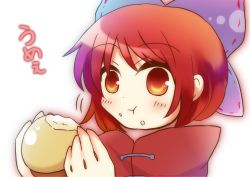 Rule 34 | 1girl, bad id, bad pixiv id, blush, bow, burger, cape, eating, food, food on face, hair bow, mcdonald&#039;s, nakukoroni, portrait, red eyes, red hair, sekibanki, short hair, simple background, solo, touhou, upper body, white background