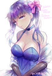 Rule 34 | 1girl, bare shoulders, blue dress, blush, breasts, cleavage, collarbone, dress, elbow gloves, fate/stay night, fate (series), gloves, hair ribbon, highres, large breasts, long hair, looking at viewer, matou sakura, murasaki yuna, open mouth, pink ribbon, ponytail, purple eyes, purple hair, ribbon, simple background, solo, white background