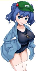 Rule 34 | 1girl, blue coat, blue eyes, blue hair, blue hoodie, breasts, cabbie hat, coat, collarbone, commentary request, covered navel, cowboy shot, flat cap, green hair, green hat, hair bobbles, hair ornament, hands in pockets, hat, highres, hood, hoodie, jewelry, kawashiro nitori, key, key necklace, large breasts, leaning forward, looking at viewer, medium breasts, necklace, necktie, one-piece swimsuit, simple background, swimsuit, thighhighs, touhou, twintails, two side up, white background, white thighhighs, zawapirori, zipper
