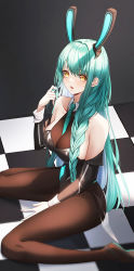 Rule 34 | 1girl, absurdres, ame 816, animal ears, aqua necktie, azur lane, between breasts, between legs, black footwear, black leotard, black pantyhose, blue hair, blush, bodystocking, boise (azur lane), boise (sheepish sapphire) (azur lane), breasts, checkered floor, covered collarbone, fake animal ears, from above, hair between eyes, hand between legs, highres, holding, holding hair, large breasts, leotard, light blue hair, long hair, long sleeves, looking at viewer, looking up, mechanical ears, necktie, official alternate costume, open mouth, pantyhose, playboy bunny, rabbit ears, sitting, smile, solo, thighband pantyhose, wariza, yellow eyes