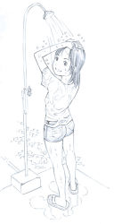 Rule 34 | 1girl, monochrome, original, sandals, shirt, shorts, showering, sketch, solo, t-shirt, traditional media, yoshitomi akihito