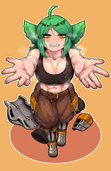 Rule 34 | 1girl, abs, ahoge, animal ears, armor, armored boots, bare arms, black tank top, blush, boots, breasts, cleavage, collarbone, commission, full body, green hair, gremlin (monster girl encyclopedia), highres, large breasts, looking at viewer, midriff, monster girl encyclopedia, muscular, muscular female, navel, orange eyes, outstretched arms, pants, scribblesquab, sidelocks, solo, standing, sweat, tank top, teeth