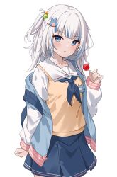 Rule 34 | 1girl, blue eyes, blue hair, blue jacket, blue neckerchief, blue skirt, blunt bangs, blush, candy, collared shirt, fins, fish tail, food, gawr gura, gawr gura (school uniform), grey hair, hair ornament, highres, hitsukuya, holding, holding candy, holding food, holding lollipop, hololive, hololive english, jacket, lollipop, long hair, looking at viewer, multicolored hair, neckerchief, official alternate costume, open mouth, school uniform, shark girl, shark tail, shirt, skirt, solo, streaked hair, tail, vest, virtual youtuber, white background, white shirt, yellow vest