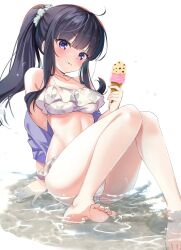 Rule 34 | 1girl, ahoge, barefoot, bikini, black hair, blush, collarbone, commentary request, feet, food, food on face, frilled bikini, frills, hair ornament, hair scrunchie, highres, holding, holding food, holding ice cream, ice cream, inoue takina, knees together feet apart, leaf print, long hair, looking at viewer, lycoris recoil, off shoulder, partially submerged, ponytail, purple eyes, scrunchie, sidelocks, sitting, solo, stomach, swimsuit, syakisyaki890, toes, tongue, tongue out, water, white background