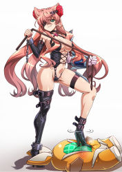 Rule 34 | 1girl, asymmetrical footwear, boots, breasts, chain, detached sleeves, dominatrix, eyepatch, full body, green eyes, high heel boots, high heels, highres, knee boots, large breasts, long hair, looking at viewer, maria cadenzavna eve, mismatched footwear, nail polish, parted lips, pink hair, senki zesshou symphogear, single knee boot, single thigh boot, smile, solo, syunzou, thigh boots, thighhighs, tsurime, two side up, very long hair, whip