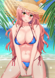 Rule 34 | 1girl, beach, bikini, blue bikini, blush, breasts, cleavage, commentary request, fate/extra, fate/grand order, fate (series), hair between eyes, hat, large breasts, long hair, looking at viewer, nishimura pn, pink hair, red ribbon, ribbon, side-tie bikini bottom, solo, straw hat, sun hat, swimsuit, tamamo (fate), tamamo no mae (fate/extra), tamamo no mae (swimsuit lancer) (fate), water, yellow eyes