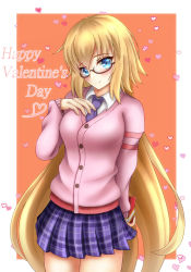 Rule 34 | 1girl, absurdres, alternate costume, bad id, bad pixiv id, bespectacled, blonde hair, blue eyes, blush, box, breasts, dress shirt, fate/grand order, fate (series), gift, gift box, glasses, happy valentine, head tilt, highres, jeanne d&#039;arc (capsule servant) (fate), jeanne d&#039;arc (fate), jeanne d&#039;arc (ruler) (fate), large breasts, long hair, looking at viewer, necktie, pink sweater, plaid, plaid skirt, pleated skirt, rai (newtype xm-x1), school uniform, semi-rimless eyewear, shirt, skirt, smile, solo, sweater, under-rim eyewear, very long hair