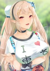 Rule 34 | 1girl, 7zu7, alternate hairstyle, arm under breasts, black choker, blue flower, blush, breasts, choker, clothes writing, collarbone, commentary, elu (1st costume) (nijisanji), elu (nijisanji), fairy wings, flower, hair flower, hair ornament, headband, i heart..., lantern, large breasts, long hair, looking at viewer, nijisanji, open mouth, paper lantern, pointy ears, pom pom (clothes), red eyes, shirt, short sleeves, smile, t-shirt, twintails, upper body, virtual youtuber, wings