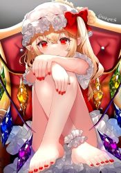 Rule 34 | 1girl, anklet, blonde hair, blush, crossed ankles, crystal, dress, flandre scarlet, full body, hat, jewelry, looking at viewer, mob cap, nail polish, one side up, pointy ears, red dress, red eyes, sakizaki saki-p, short hair, sitting, smile, solo, toenail polish, toenails, touhou, wings