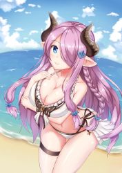 Rule 34 | 1girl, aiban, arched back, beach, bikini, blue eyes, braid, breast hold, breasts, cleavage, cloud, cloudy sky, collarbone, cowboy shot, day, demon horns, draph, frills, granblue fantasy, hair ornament, hair over one eye, hairclip, highres, horns, large breasts, leaning forward, long hair, looking at viewer, narmaya (granblue fantasy), narmaya (summer) (granblue fantasy), navel, parted bangs, pointy ears, purple hair, sand, single braid, sky, smile, solo, standing, swimsuit, thigh gap, thigh strap, water, white bikini
