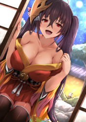 Rule 34 | 1girl, ahoge, azur lane, bare shoulders, black hair, blush, breasts, cleavage, collarbone, feathers, hair between eyes, hair ornament, hakama, hakama short skirt, hakama skirt, japanese clothes, kanzaki kureha, kimono, large breasts, long hair, looking at viewer, mask, mask on head, night, obi, off shoulder, open mouth, red eyes, red kimono, sash, skirt, sky, smile, solo, star (sky), starry sky, sweat, taihou (azur lane), twintails, very long hair, wide sleeves