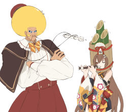 Rule 34 | . ., 1boy, 1girl, :d, afro, antennae, bamboo, bare shoulders, beret, blonde hair, bobobo-bo bo-bobo, bobobo-bo bo-bobo (character), bone hair ornament, bow, bowtie, brown capelet, brown eyes, brown hair, buttons, capelet, center frills, commentary request, cosplay, crossed arms, crossover, dark skin, detached sleeves, dog girl, eighth note, facial hair, floral print, flute, frills, glasses, hair between eyes, hair ornament, hands up, hat, high-waist skirt, holding, hololive, instrument, inugami korone, inugami korone (street), inugami korone (cosplay), japanese clothes, kadomatsu, kase (kurimuzone oruta), long hair, long sleeves, male focus, music, musical note, mustache, nyanpyou, official alternate costume, one eye closed, open mouth, playing flute, playing instrument, prehensile mustache, puffy long sleeves, puffy sleeves, pyuu to fuku! jaguar: ashita no jump, red headwear, red skirt, ribbon, shirt, sideburns, simple background, skirt, smile, striped, striped bow, sunglasses, transverse flute, v-shaped eyebrows, very long hair, virtual youtuber, whiskers, white-framed eyewear, white background, white shirt