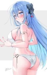 Rule 34 | 1girl, armlet, ass, back, bikini, black bow, blue eyes, blue hair, blush, bow, bracelet, breasts, butt crack, commentary, cowboy shot, duplicate, emori miku, from behind, hair bow, halterneck, heart, highres, jewelry, large breasts, light blue hair, liver city, long hair, looking back, o-ring, o-ring bottom, red nails, sideboob, signature, solo, swimsuit, symbol-only commentary, white bikini, yoruhoshi owl