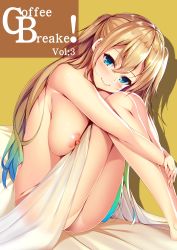 Rule 34 | 1girl, barefoot, bed sheet, blanket, blonde hair, blue eyes, blue hair, blush, breast press, breasts, closed mouth, english text, from side, gabao., gradient hair, groin, highres, hugging own legs, knees to chest, knees up, large breasts, lips, long hair, looking at viewer, looking to the side, multicolored hair, nipples, nude, original, shiny skin, simple background, sitting, smile, solo, very long hair, yellow background