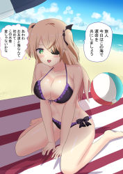 Rule 34 | 1girl, :d, ball, bare arms, bare legs, bare shoulders, barefoot, beach, beachball, bikini, black bikini, blanket, blonde hair, blue sky, blush, breasts, cleavage, cloud, collarbone, commentary request, day, eyepatch, fischl (genshin impact), frilled bikini, frills, front-tie bikini top, front-tie top, genshin impact, green eyes, highres, horizon, long hair, looking at viewer, medium breasts, neu (frameice), ocean, open mouth, outdoors, sand, sitting, sky, smile, solo, sweat, swimsuit, translation request, two side up, very long hair, wariza, water