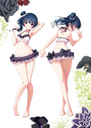 1girl alternate_hairstyle amagi_(volfuji) arm_behind_head arm_up armpits ass bare_arms bare_legs barefoot bikini bikini_skirt black_bow blue_hair blush bow breasts butt_crack commentary_request crossed_legs dark_blue_hair flower frilled_bikini frills from_behind full_body groin hair_ornament hair_scrunchie halterneck highres long_hair looking_at_viewer looking_back love_live! love_live!_sunshine!! multiple_views navel red_eyes scrunchie side_ponytail simple_background small_breasts smile swimsuit toes tsushima_yoshiko v watson_cross white_background