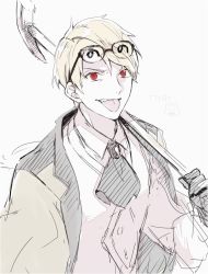 Rule 34 | 1boy, ascot, bad id, bad twitter id, blonde hair, dark persona, fate/grand order, fate/prototype, fate/prototype: fragments of blue and silver, fate (series), glasses, gloves, jacket, jekyll and hyde (fate), male focus, nakahara (mu tation), pale color, red eyes, shirt, solo, tongue, tongue out, vest, waistcoat, white background