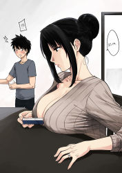 Rule 34 | 1boy, 1girl, between breasts, black hair, blush, breast rest, breasts, breasts on table, chair, cleavage, cup, from side, grey shirt, hair bun, highres, indoors, jewelry, large breasts, looking at another, mature female, measuring, mole, mole under mouth, mother and son, nush (xter), original, parted lips, ribbed sweater, ring, ruler, shirt, short hair, sidelocks, single hair bun, standing, sweatdrop, sweater, t-shirt, table, xter