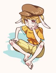 Rule 34 | 1girl, animal ears, barefoot, breasts, brown hat, closed mouth, commentary request, crescent, crescent print, hand on own face, hand up, hat, highres, looking at viewer, medium breasts, one-hour drawing challenge, orange hair, orange shirt, rabbit ears, red eyes, ringo (touhou), shadow, shikido (khf), shirt, short hair, short sleeves, shorts, signature, simple background, sitting, smile, solo, striped clothes, striped shorts, t-shirt, touhou, white background, yellow shorts