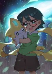 Rule 34 | 1boy, :d, absurdres, blush, brown shorts, collared shirt, commentary request, creatures (company), game freak, gen 3 pokemon, glasses, green eyes, green hair, green shirt, highres, holding, holding pokemon, jirachi, legendary pokemon, male focus, max (pokemon), mythical pokemon, night, nintendo, open mouth, outdoors, pokemon, pokemon: jirachi: wish maker, pokemon (anime), pokemon (creature), pokemon rse (anime), raised eyebrows, shirt, short hair, short sleeves, shorts, sky, smile, sparkle, standing, taisa (lovemokunae), tongue