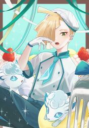 Rule 34 | 1boy, ahoge, alolan form, alolan vulpix, alternate costume, apron, blonde hair, buttons, commentary request, creatures (company), food, food on face, fork, fruit, game freak, gen 7 pokemon, gladion (pokemon), gloves, green eyes, hair over one eye, hand up, hat, highres, male focus, necktie, nintendo, open mouth, pants, pokemon, pokemon (creature), pokemon sm, ribbon, shirt, short hair, short sleeves, ssn (sasa8u9r), strawberry, teeth, tongue, waist apron, white gloves, white headwear